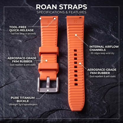 ROANSTRAPS AeroTrack - Signal Orange FKM Rubber Watch Band with Pure Titanium Buckle (20mm/22mm/24mm)