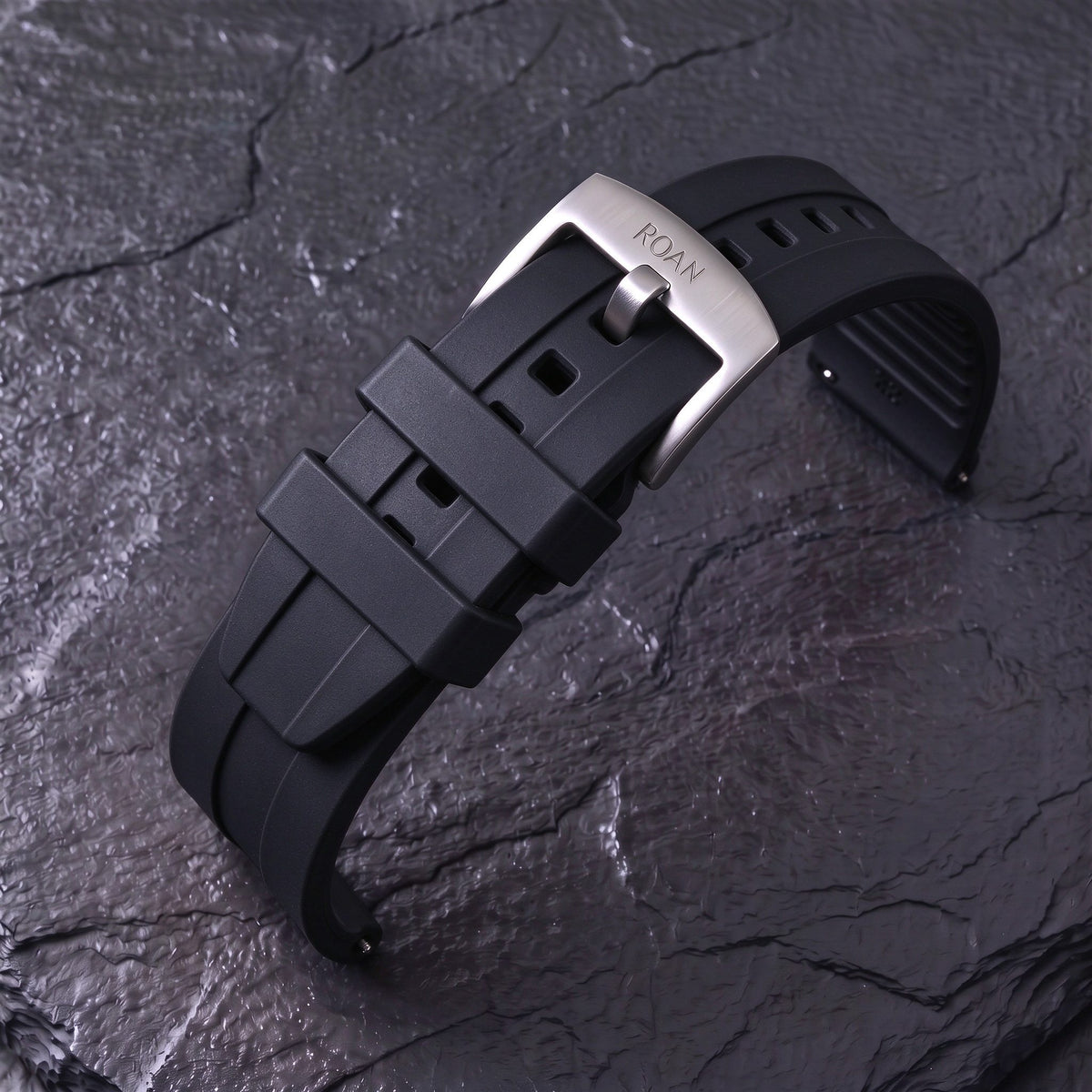 ROAN STRAPS | "AeroTrack" Navy Blue High-Density FKM Rubber Watch Band with Liquid Silver Pure Titanium Buckle