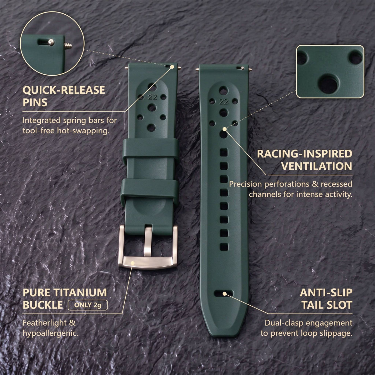 ROAN STRAPS | "Forest Expedition" Jungle Green High-Density FKM Rubber Watch Band with Liquid Silver Pure Titanium Buckle