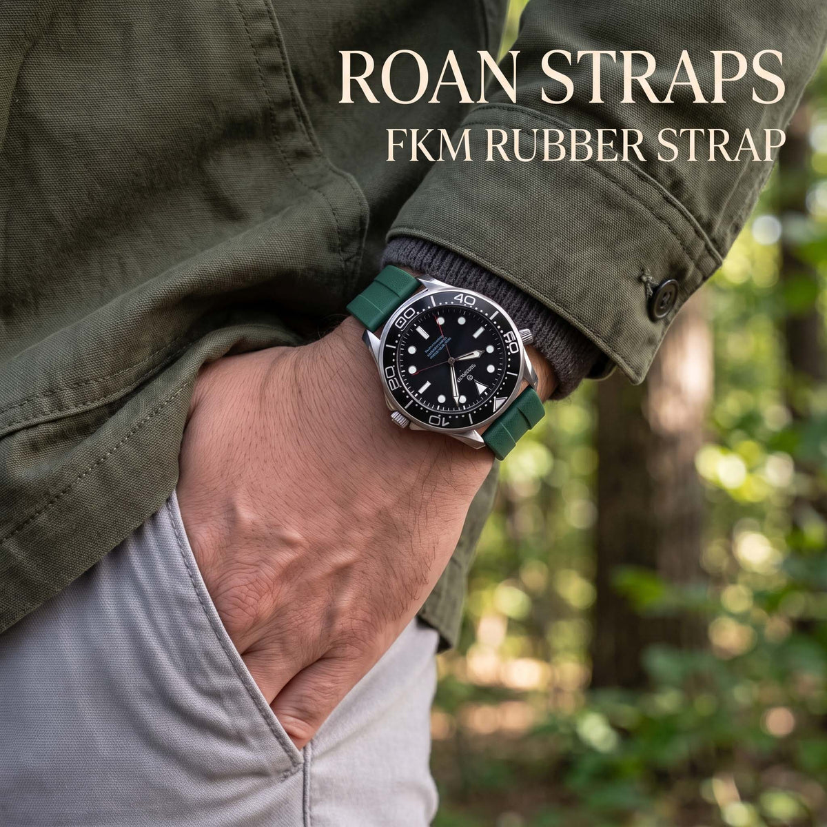 ROAN STRAPS | "AeroTrack" Forest Green High-Density FKM Rubber Watch Band with Liquid Silver Pure Titanium Buckle