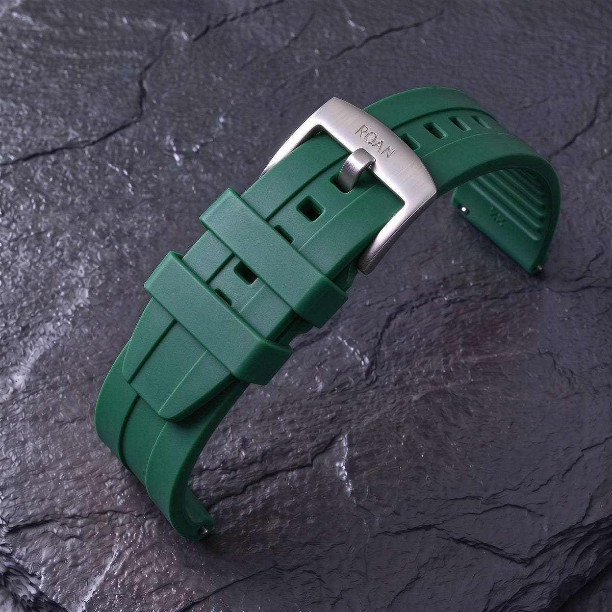 ROAN STRAPS | "AeroTrack" Forest Green High-Density FKM Rubber Watch Band with Liquid Silver Pure Titanium Buckle