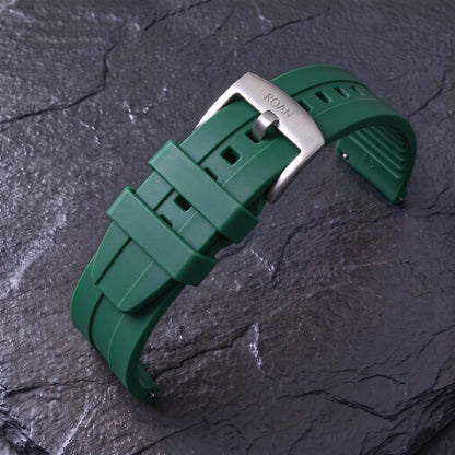 ROAN STRAPS | "AeroTrack" Forest Green High-Density FKM Rubber Watch Band with Liquid Silver Pure Titanium Buckle