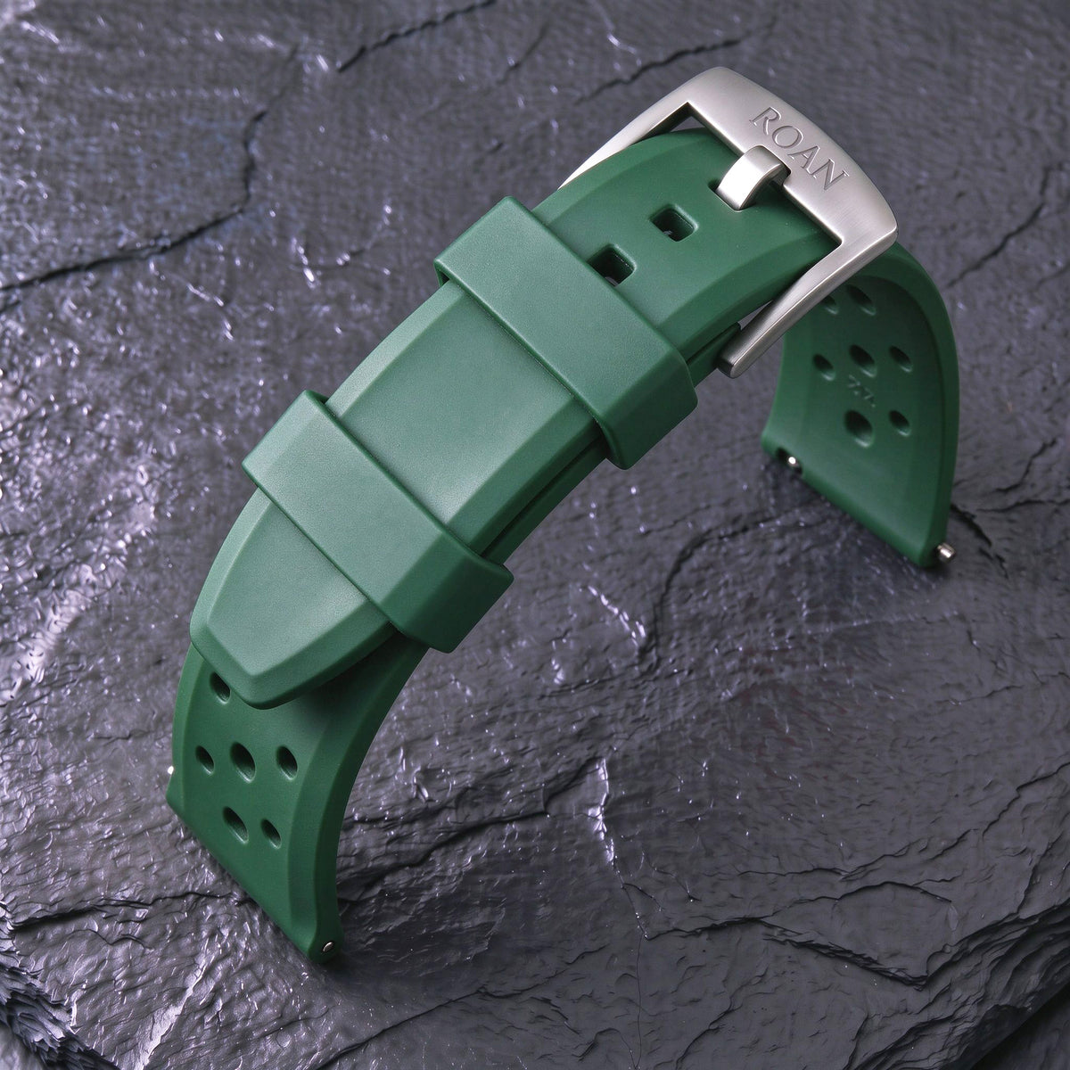 ROAN STRAPS | "Forest Expedition" Jungle Green High-Density FKM Rubber Watch Band with Liquid Silver Pure Titanium Buckle