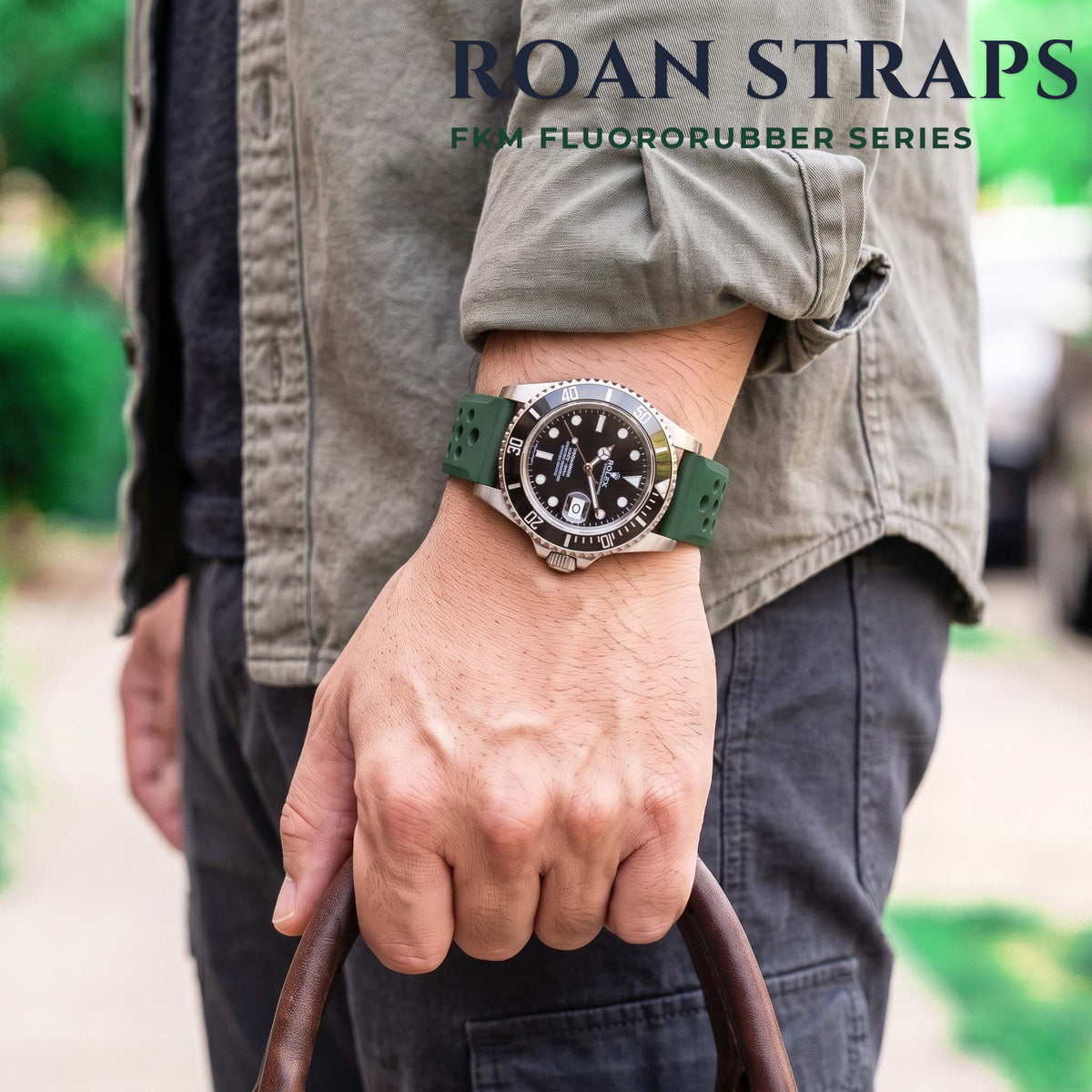 ROAN STRAPS | "Forest Expedition" Jungle Green High-Density FKM Rubber Watch Band with Liquid Silver Pure Titanium Buckle