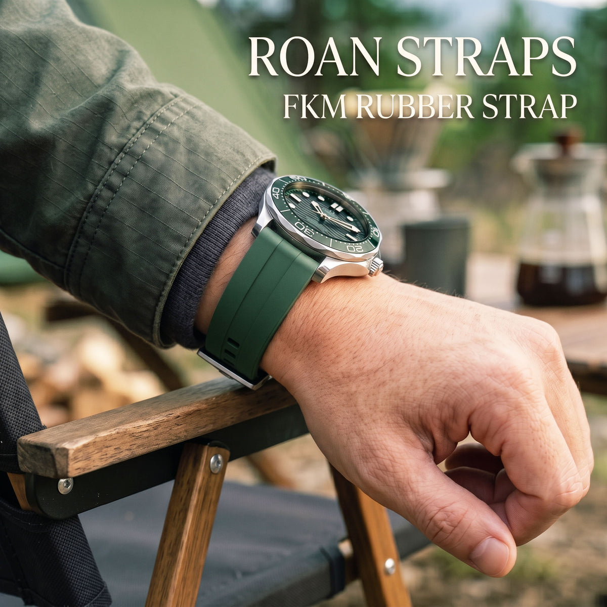 ROAN STRAPS | "AeroTrack" Forest Green High-Density FKM Rubber Watch Band with Liquid Silver Pure Titanium Buckle