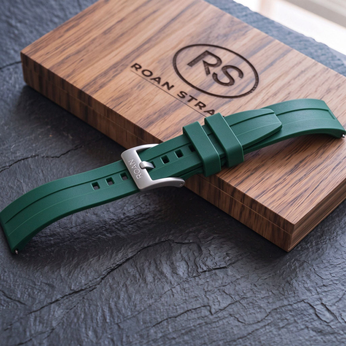 ROAN STRAPS | "AeroTrack" Forest Green High-Density FKM Rubber Watch Band with Liquid Silver Pure Titanium Buckle