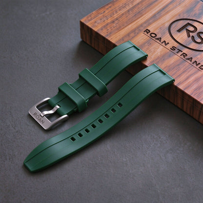 ROAN STRAPS | "AeroTrack" Forest Green High-Density FKM Rubber Watch Band with Liquid Silver Pure Titanium Buckle