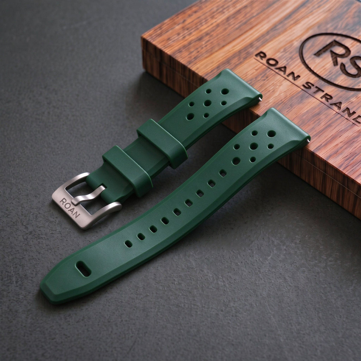 ROAN STRAPS | "Forest Expedition" Jungle Green High-Density FKM Rubber Watch Band with Liquid Silver Pure Titanium Buckle