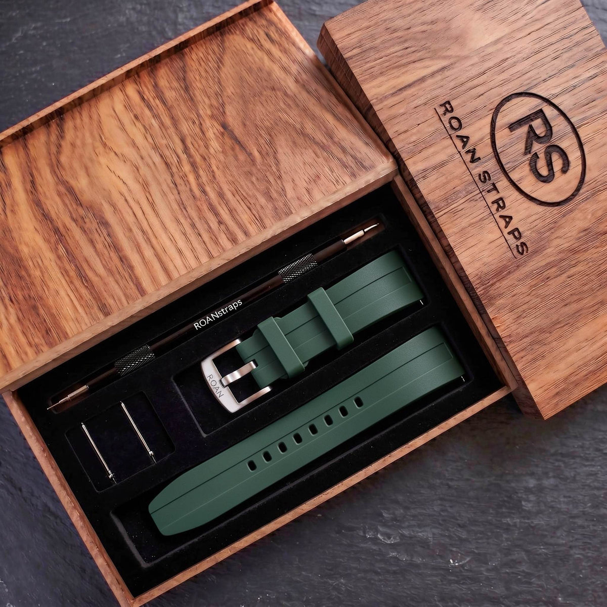 ROAN STRAPS | "AeroTrack" Forest Green High-Density FKM Rubber Watch Band with Liquid Silver Pure Titanium Buckle