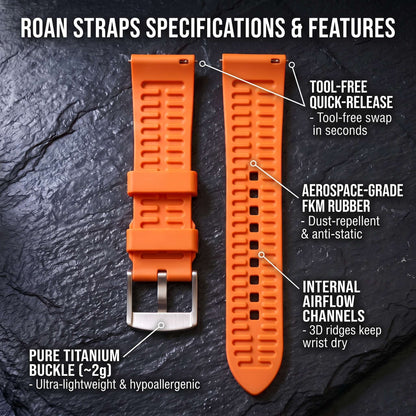 ROAN STRAPS | "Apex Velocity" Signal Orange High-Density FKM Rubber Watch Band with Liquid Silver Pure Titanium Buckle
