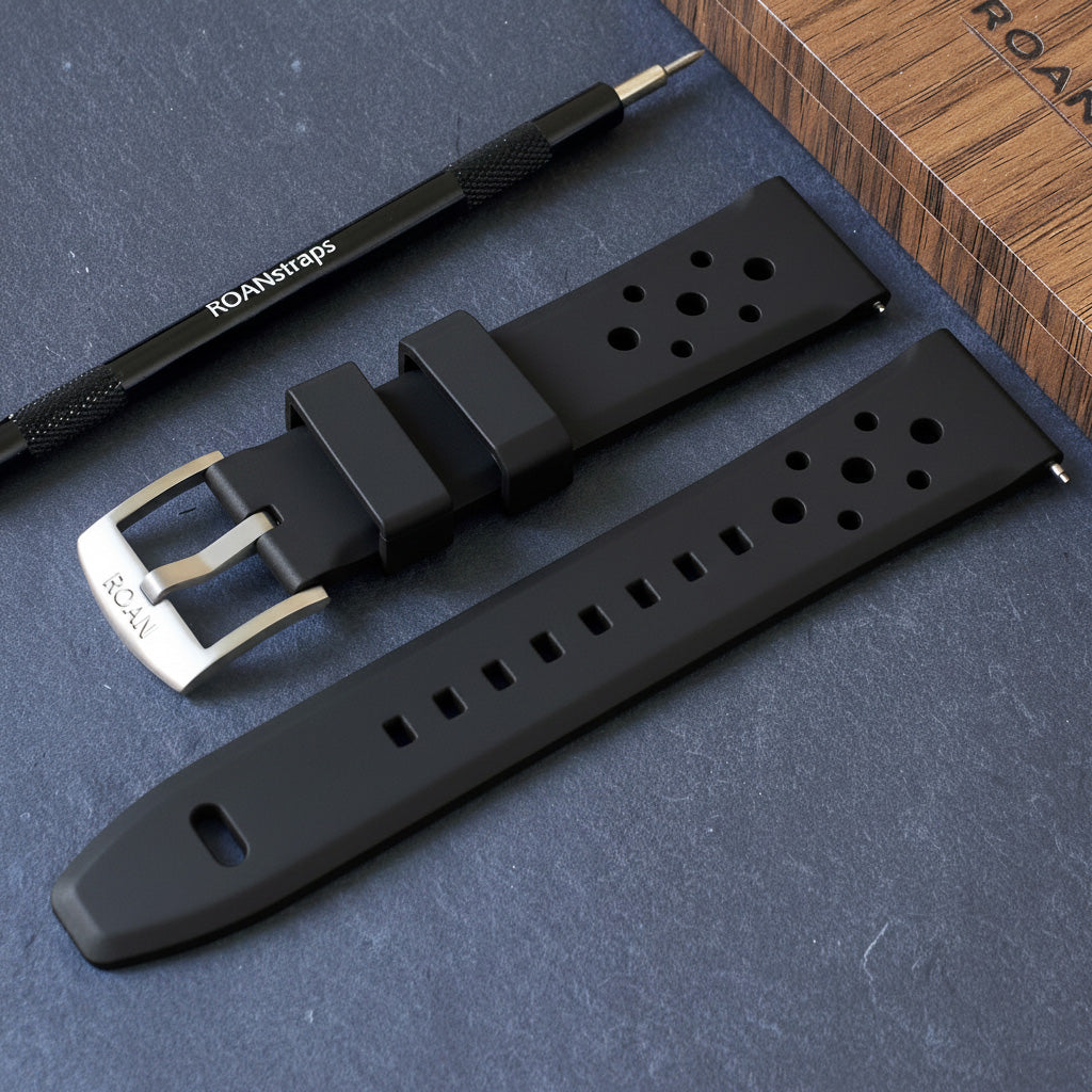 ROANSTRAPS | "Midnight Stealth" - Premium FKM Rubber Watch Strap in Obsidian Black, with Grade 5 Titanium Buckle (Custom Engraving)