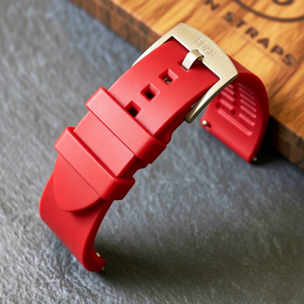 ROAN Straps | Schwarzes FMK Fluorkautschukarmband - Das klassische quadratische Lochdesign - Wasserdichtes und schweißbeständiges Fluorkautschuk-Uhrenarmband (19mm 20mm 21mm 22mm 23mm 24mm)