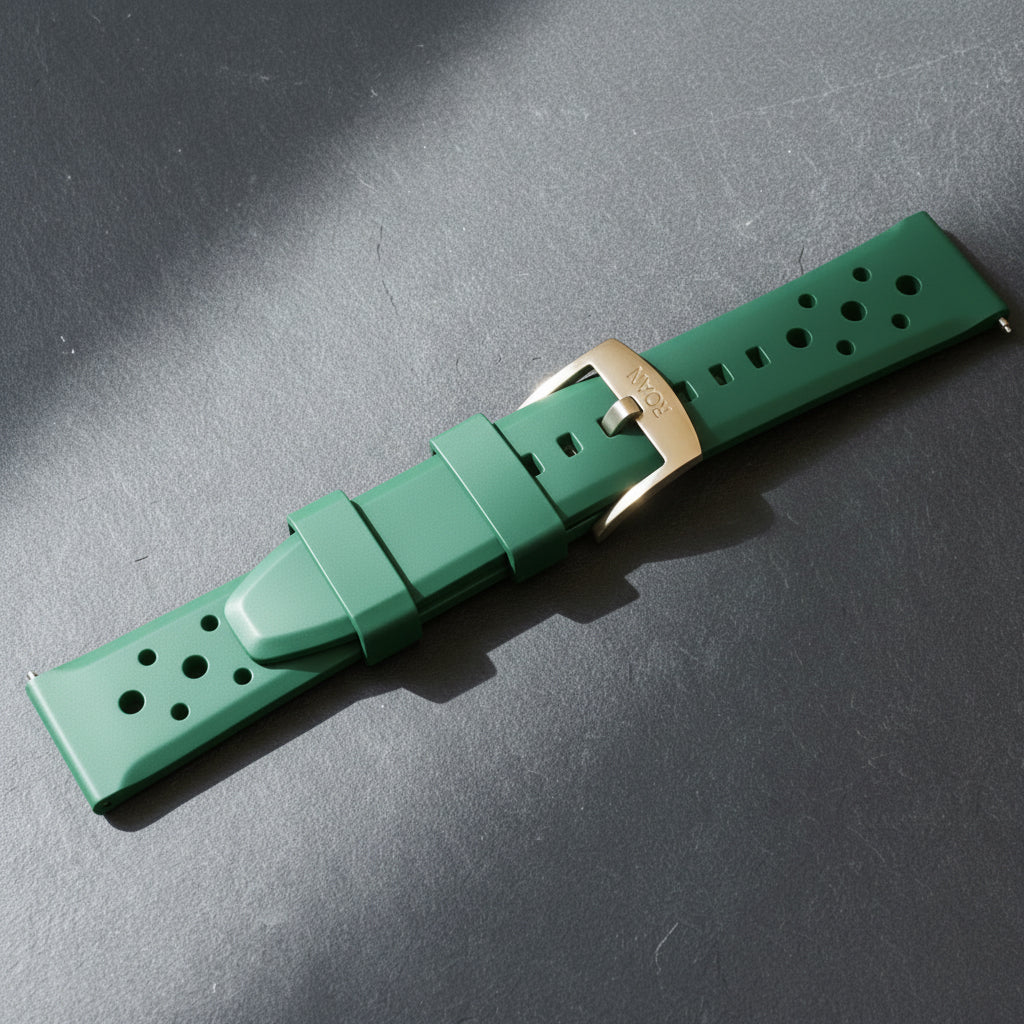 ROANSTRAPS | "Forest Expedition" - Premium FKM Rubber Watch Strap in Jungle Green, Grade 5 Titanium Buckle (Custom Engraving)