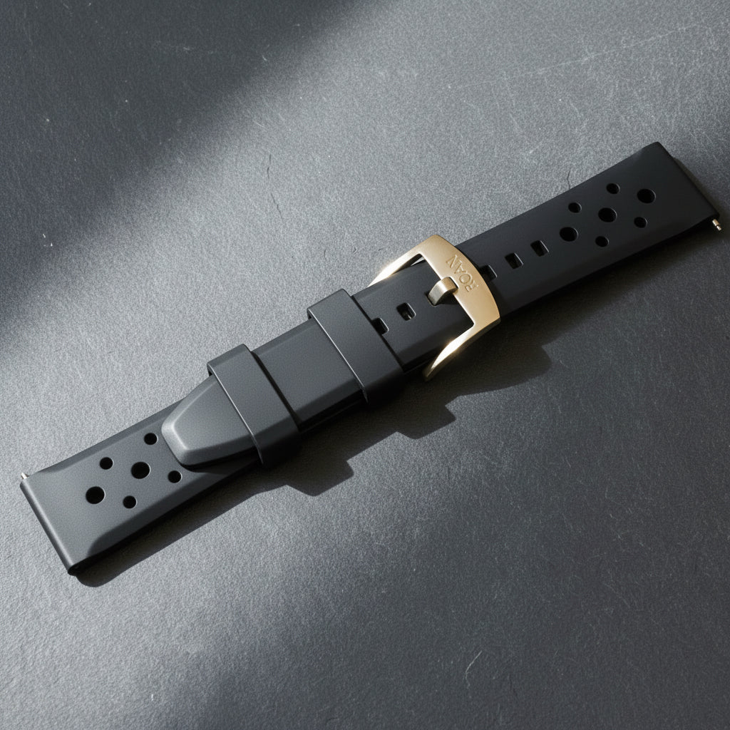 ROANSTRAPS | "Midnight Stealth" - Premium FKM Rubber Watch Strap in Obsidian Black, with Grade 5 Titanium Buckle (Custom Engraving)