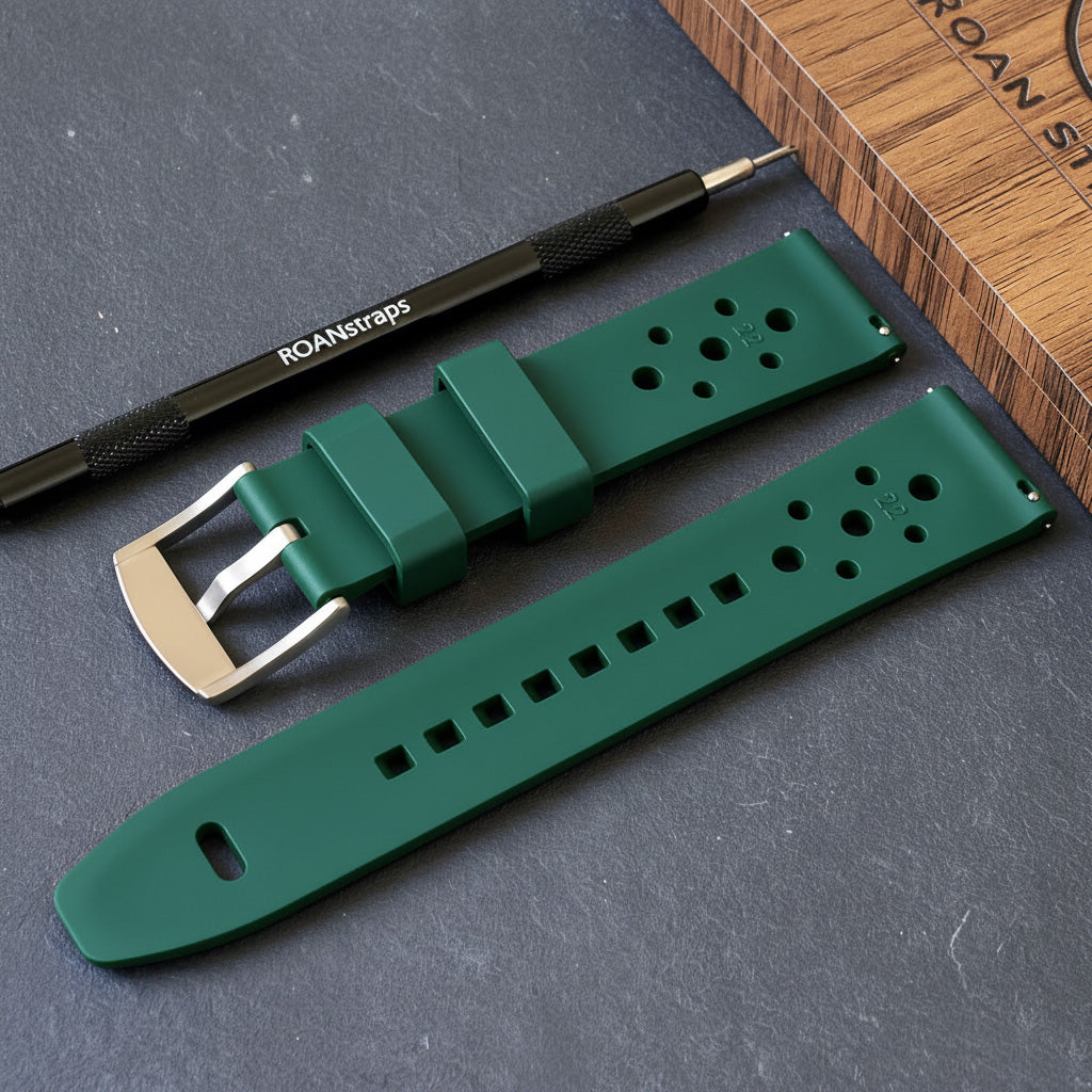ROANSTRAPS | "Forest Expedition" - Premium FKM Rubber Watch Strap in Jungle Green, Grade 5 Titanium Buckle (Custom Engraving)