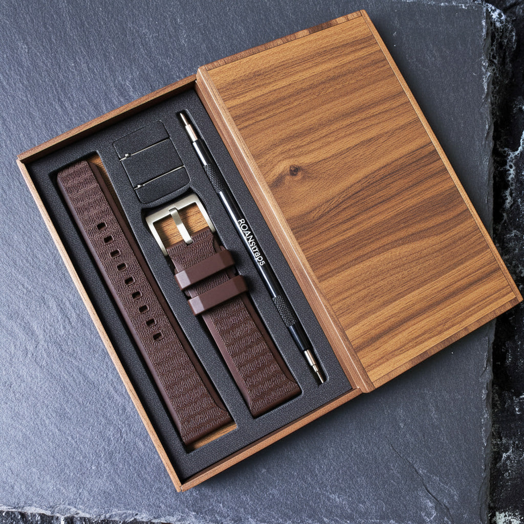 ROANSTRAPS | "Vintage Espresso" - Premium FKM Rubber Watch Strap, Solid Grade 5 Titanium Buckle (Custom Engraving)