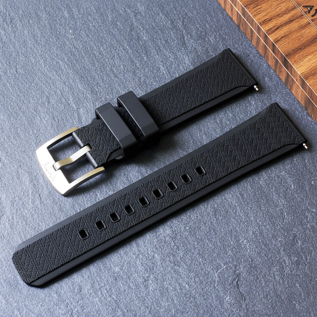 ROANSTRAPS | "Obsidian Stealth" - Premium FKM Rubber Watch Strap, Solid Grade 5 Titanium Buckle (Custom Engraving)
