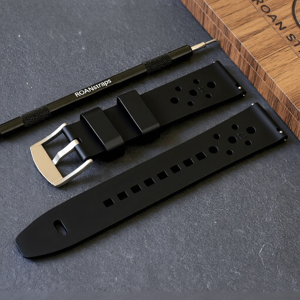 ROANSTRAPS | "Midnight Stealth" - Premium FKM Rubber Watch Strap in Obsidian Black, with Grade 5 Titanium Buckle (Custom Engraving)