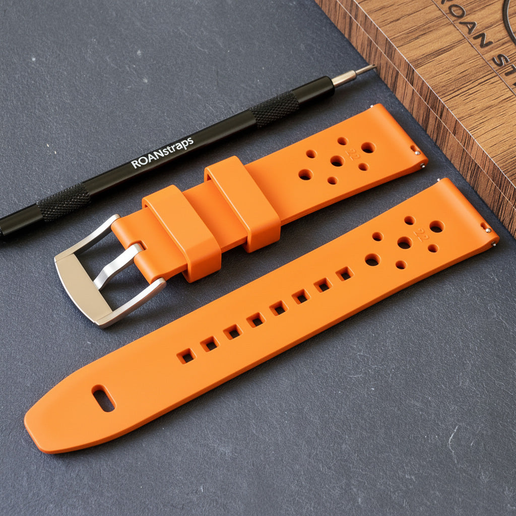 ROANSTRAPS | "Sunset Vitality" - Premium FKM Rubber Watch Strap in Electric Orange, Grade 5 Titanium Buckle (Custom Engraving)